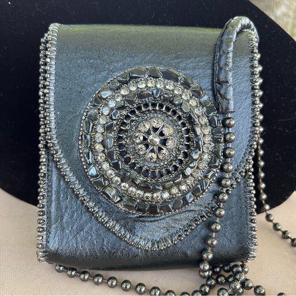 Leatherock Handbags - LR Leatherock Black Leather Mini Crossbody Bag Crystal Rock Pebbled Detail